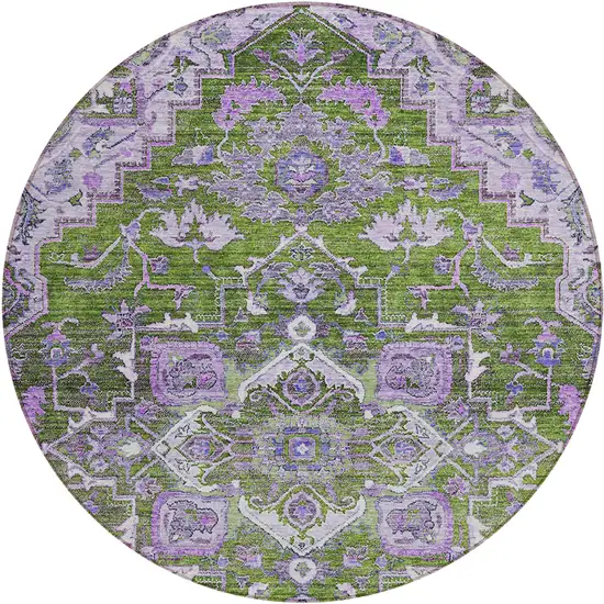 8' Olive Green And Purple Round Oriental Washable Indoor Outdoor Area Rug Photo 2