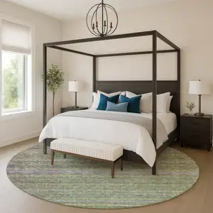 Photo of 8' Olive Green And Purple Striped Washable Round Rug With UV Protection