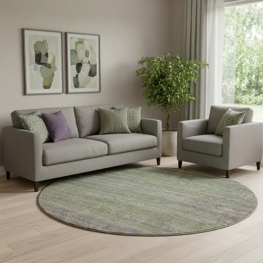 8' Olive Green And Purple Striped Washable Round Rug With UV Protection Photo 2