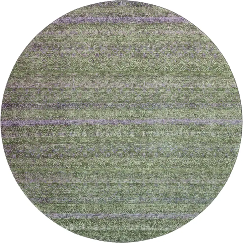 8' Olive Green And Purple Striped Washable Round Rug With UV Protection Photo 1