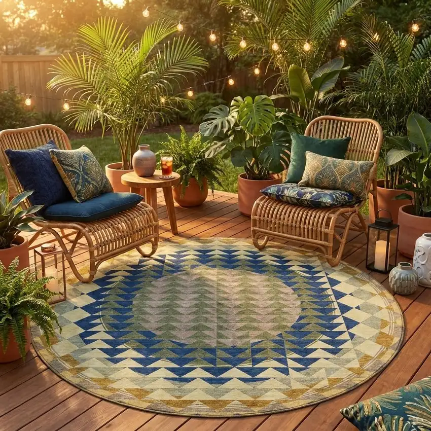 8' Olive Green And Rust Round Geometric Washable Indoor Outdoor Area Rug Photo 1
