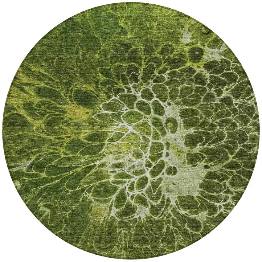 8' Olive Green And Sage Round Abstract Washable Indoor Outdoor Area Rug Photo 5
