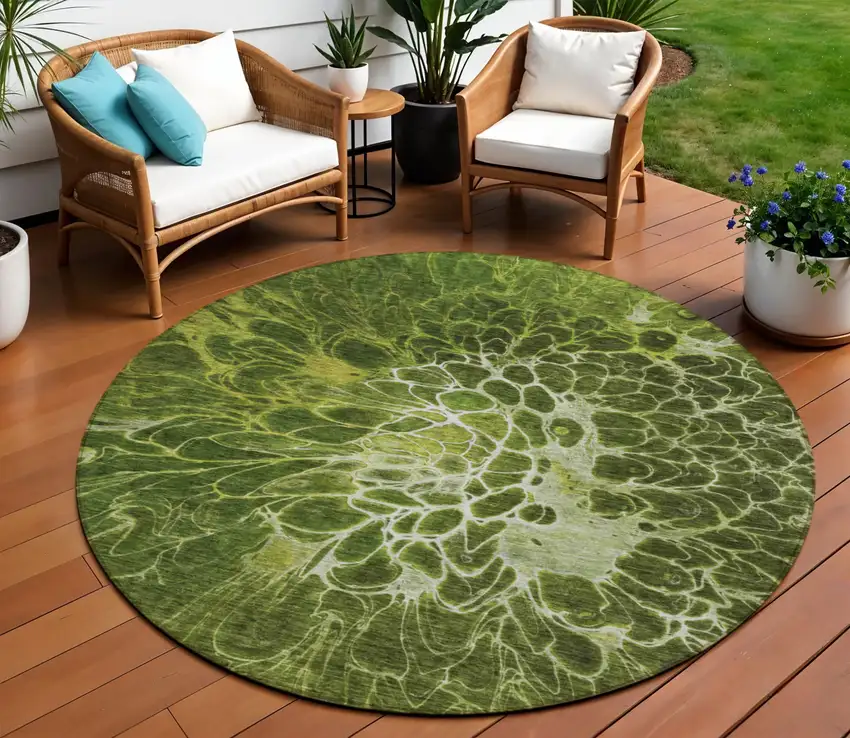 8' Olive Green And Sage Round Abstract Washable Indoor Outdoor Area Rug Photo 1