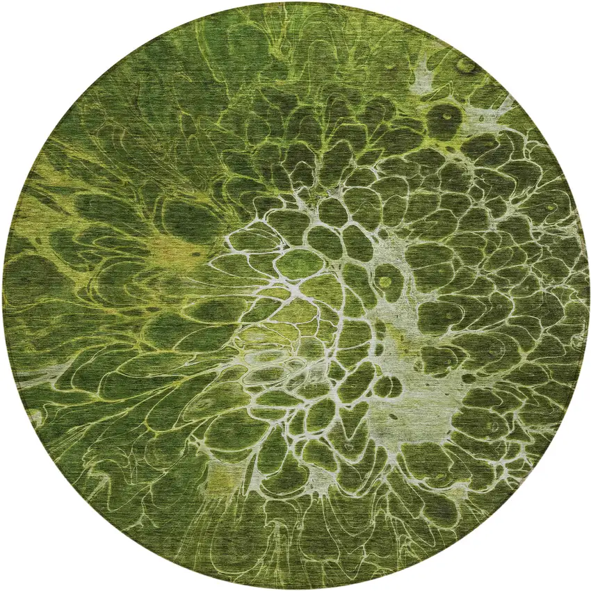 8' Olive Green And Sage Round Abstract Washable Indoor Outdoor Area Rug Photo 2