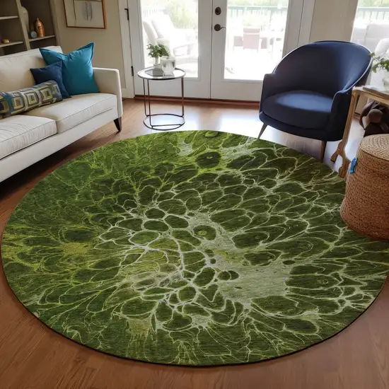 8' Olive Green And Sage Round Abstract Washable Indoor Outdoor Area Rug Photo 7