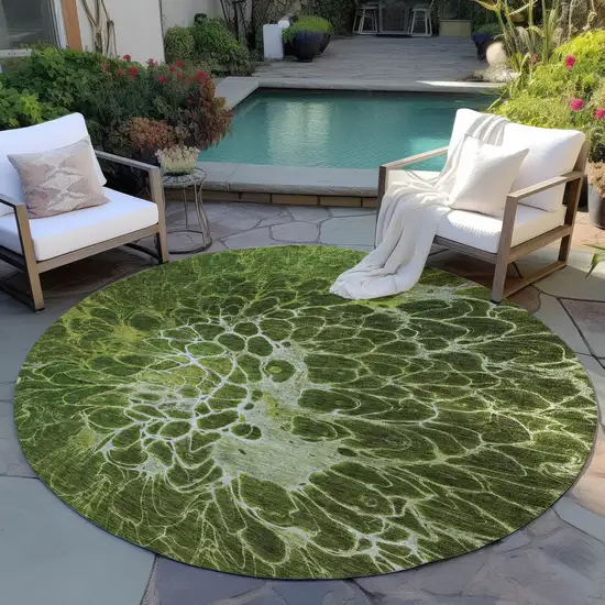 8' Olive Green And Sage Round Abstract Washable Indoor Outdoor Area Rug Photo 6