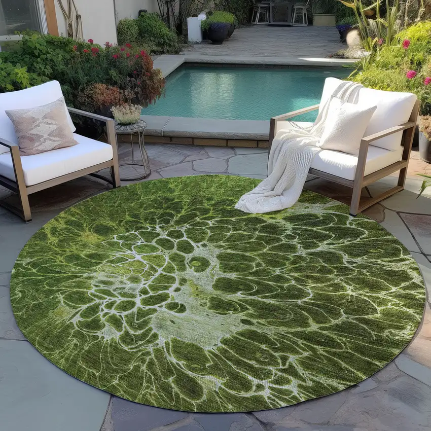 8' Olive Green And Sage Round Abstract Washable Indoor Outdoor Area Rug Photo 6