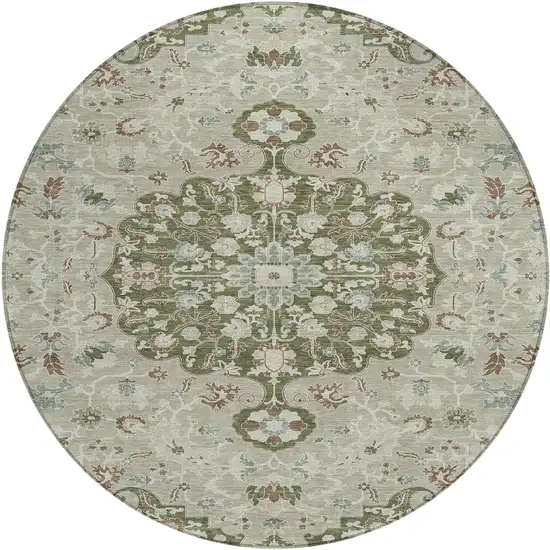 8' Olive Green And Sage Round Floral Medallion Washable Indoor Outdoor Area Rug Photo 1