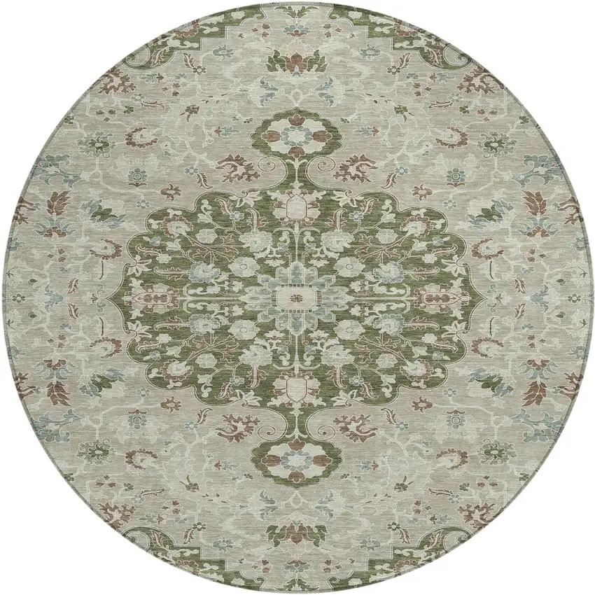 8' Olive Green And Sage Round Floral Medallion Washable Indoor Outdoor Area Rug Photo 1