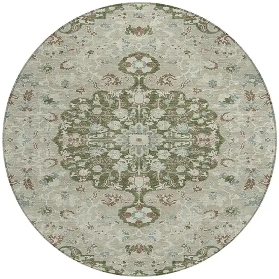 8' Olive Green And Sage Round Floral Medallion Washable Indoor Outdoor Area Rug Photo 2