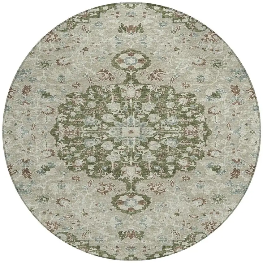 8' Olive Green And Sage Round Floral Medallion Washable Indoor Outdoor Area Rug Photo 2