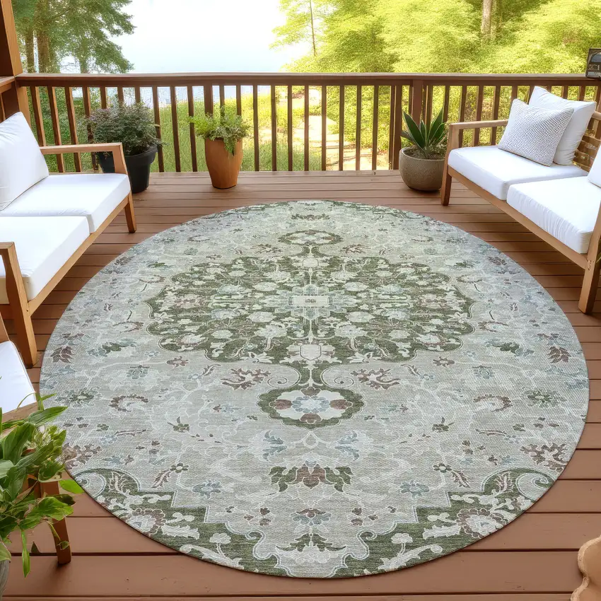 8' Olive Green And Sage Round Floral Medallion Washable Indoor Outdoor Area Rug Photo 4