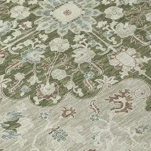 Photo of 8' Olive Green And Sage Round Floral Medallion Washable Indoor Outdoor Area Rug