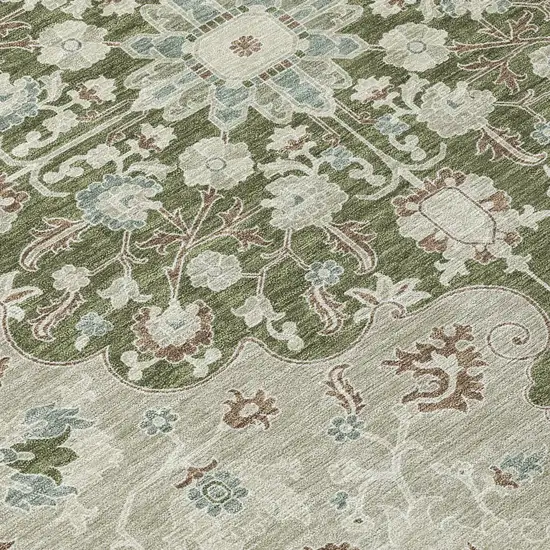 8' Olive Green And Sage Round Floral Medallion Washable Indoor Outdoor Area Rug Photo 7