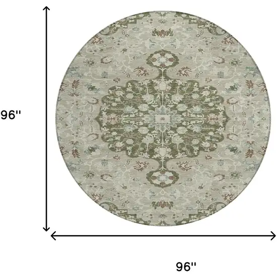 8' Olive Green And Sage Round Floral Medallion Washable Indoor Outdoor Area Rug Photo 8