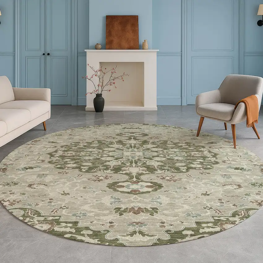 8' Olive Green And Sage Round Floral Medallion Washable Indoor Outdoor Area Rug Photo 5