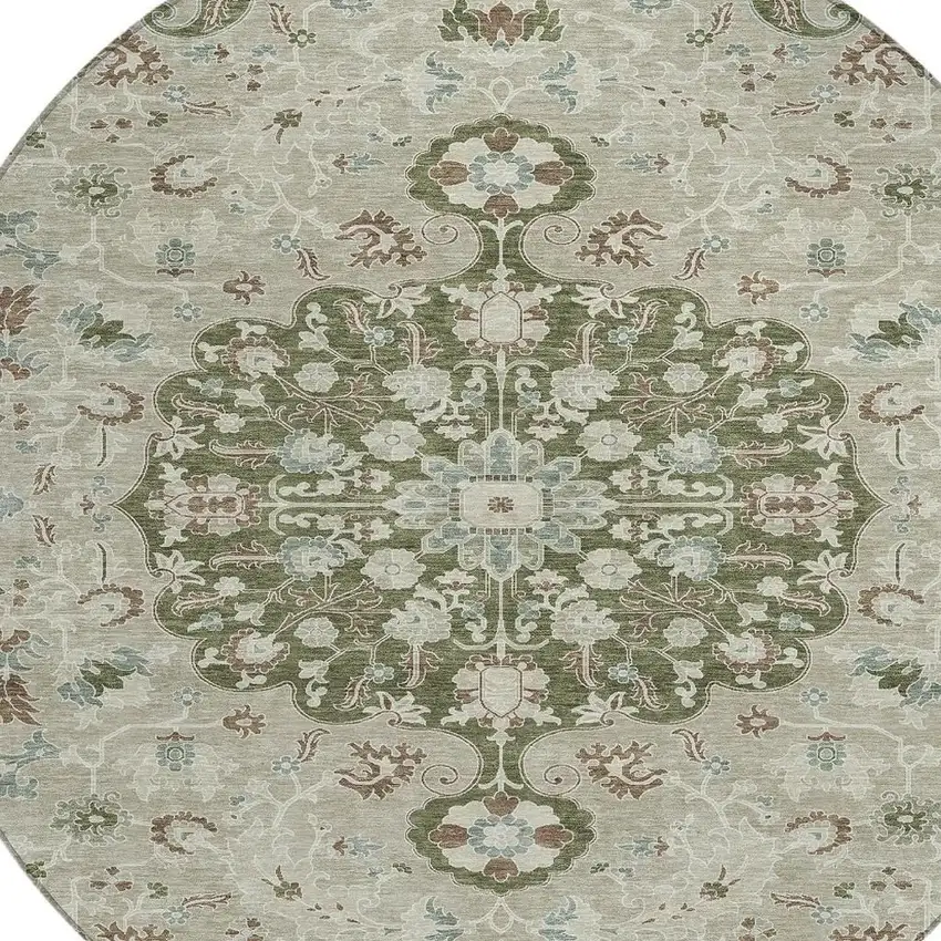 8' Olive Green And Sage Round Floral Medallion Washable Indoor Outdoor Area Rug Photo 3