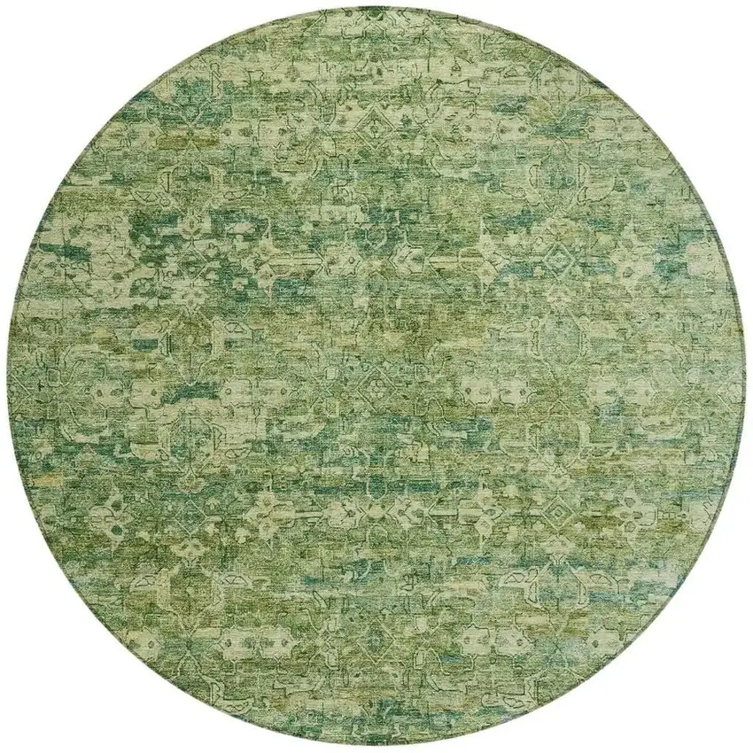 8' Olive Green And Sage Round Ikat Washable Indoor Outdoor Area Rug Photo 4