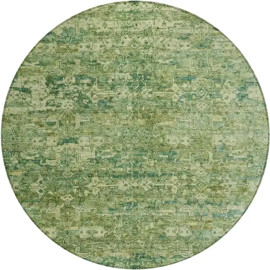 8' Olive Green And Sage Round Ikat Washable Indoor Outdoor Area Rug Photo 2