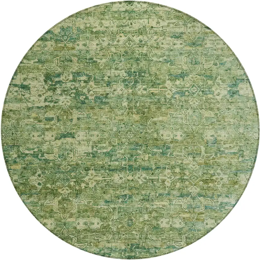 8' Olive Green And Sage Round Ikat Washable Indoor Outdoor Area Rug Photo 2