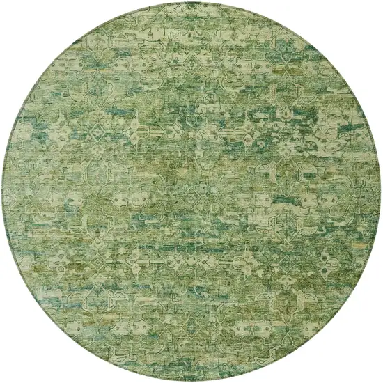 8' Olive Green And Sage Round Ikat Washable Indoor Outdoor Area Rug Photo 5