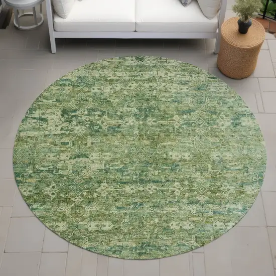 8' Olive Green And Sage Round Ikat Washable Indoor Outdoor Area Rug Photo 8