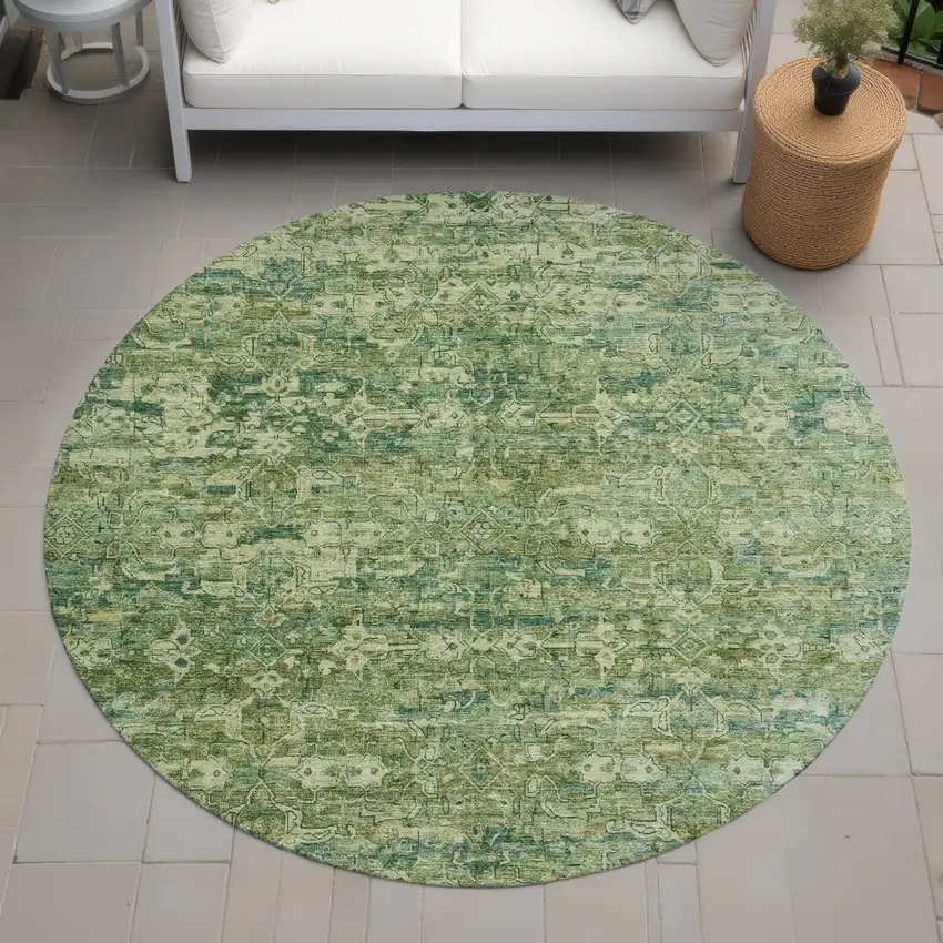 8' Olive Green And Sage Round Ikat Washable Indoor Outdoor Area Rug Photo 8