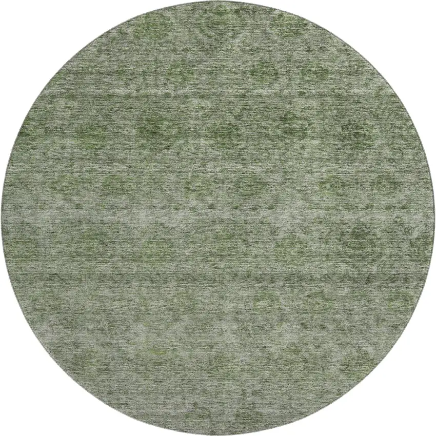 8' Olive Green And Silver Abstract Washable Round Rug With UV Protection Photo 1