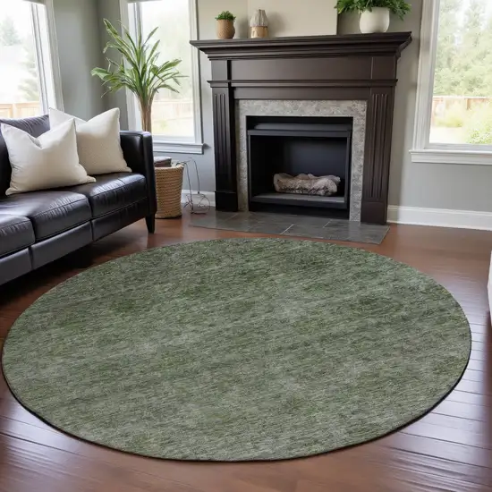 8' Olive Green And Silver Abstract Washable Round Rug With UV Protection Photo 4
