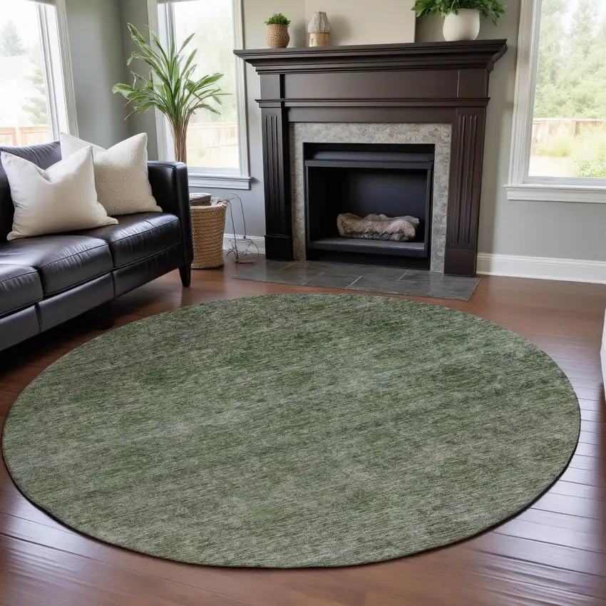 8' Olive Green And Silver Abstract Washable Round Rug With UV Protection Photo 4