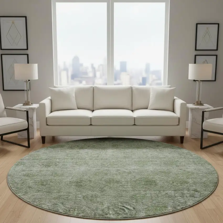 8' Olive Green And Silver Abstract Washable Round Rug With UV Protection Photo 2