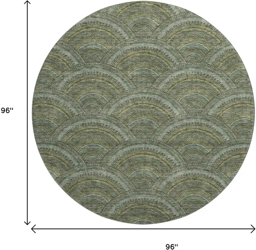 8' Olive Green And Silver Geometric Washable Round Rug With UV Protection Photo 9