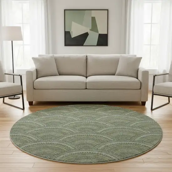 8' Olive Green And Silver Geometric Washable Round Rug With UV Protection Photo 2