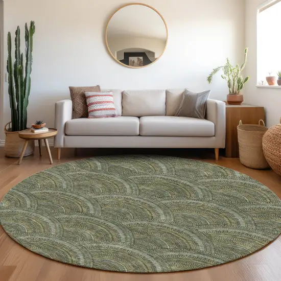 8' Olive Green And Silver Geometric Washable Round Rug With UV Protection Photo 4