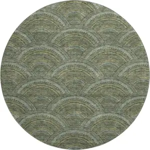 Photo of 8' Olive Green And Silver Geometric Washable Round Rug With UV Protection