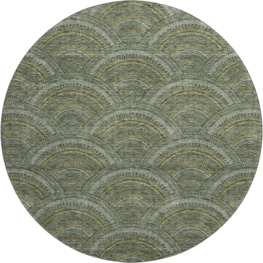 8' Olive Green And Silver Geometric Washable Round Rug With UV Protection Photo 1