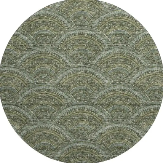 8' Olive Green And Silver Geometric Washable Round Rug With UV Protection Photo 3