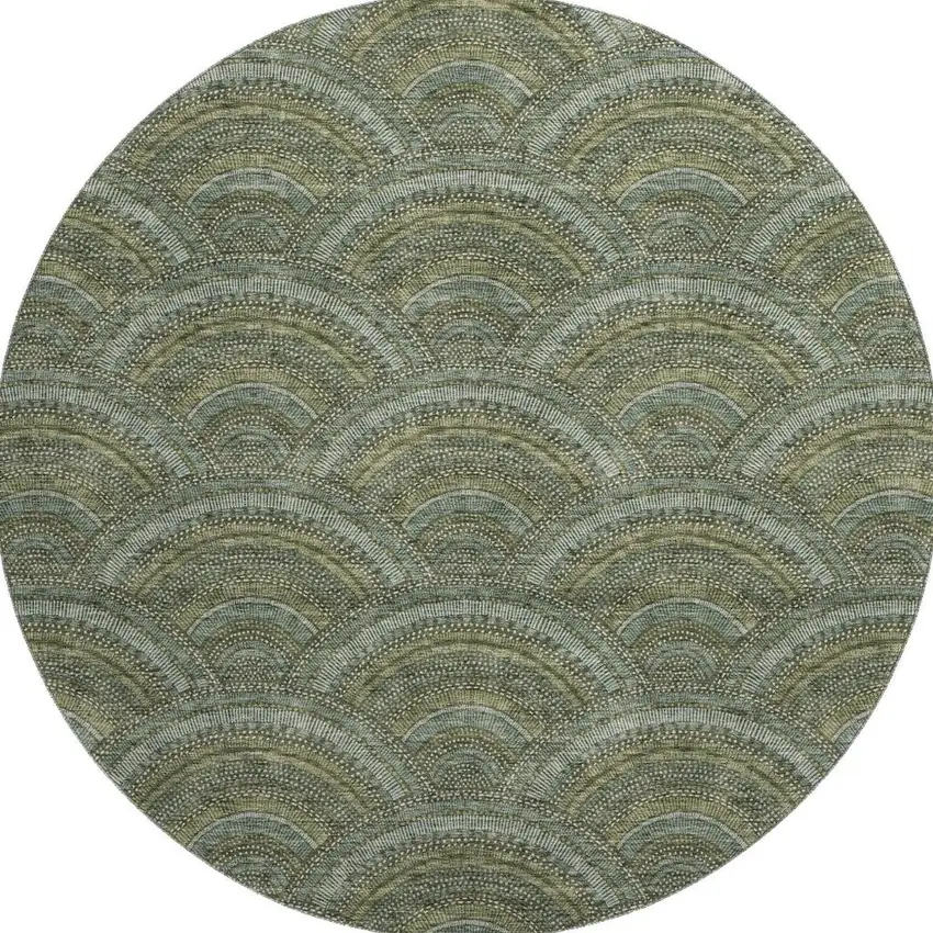 8' Olive Green And Silver Geometric Washable Round Rug With UV Protection Photo 3