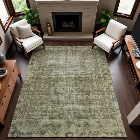 8' Olive Green And Silver Oriental Washable Area Rug With UV Protection Photo 5