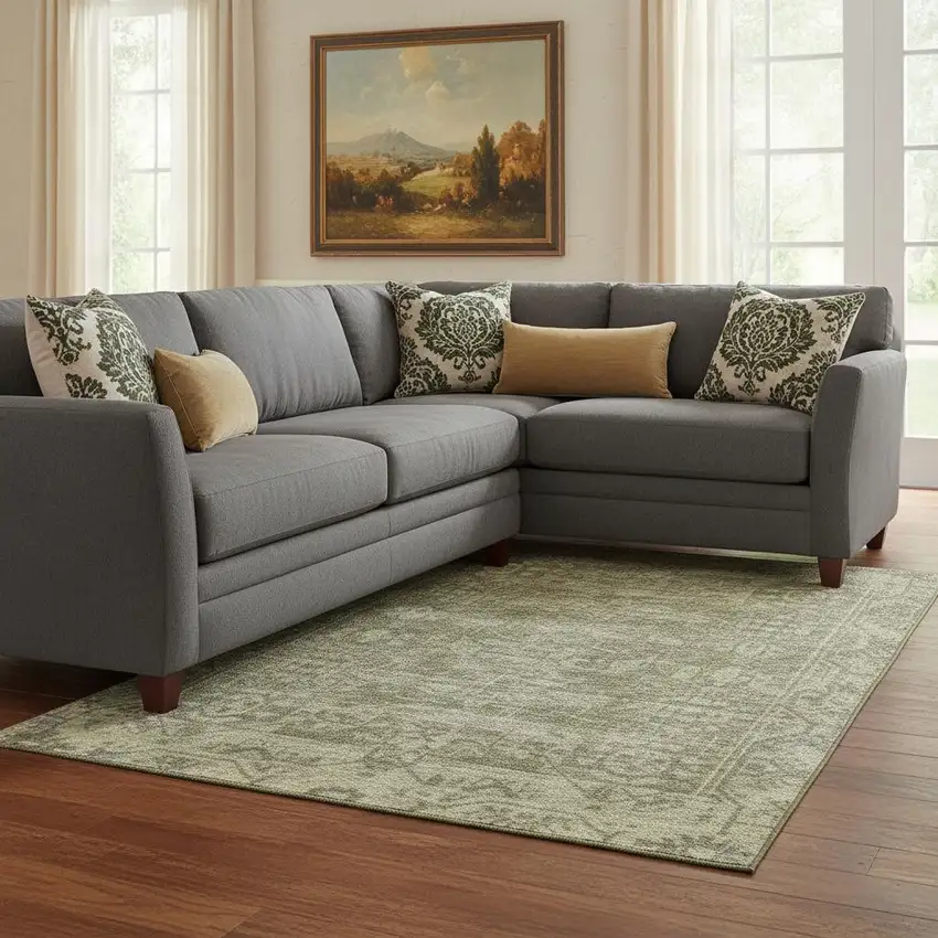 8' Olive Green And Silver Oriental Washable Area Rug With UV Protection Photo 2