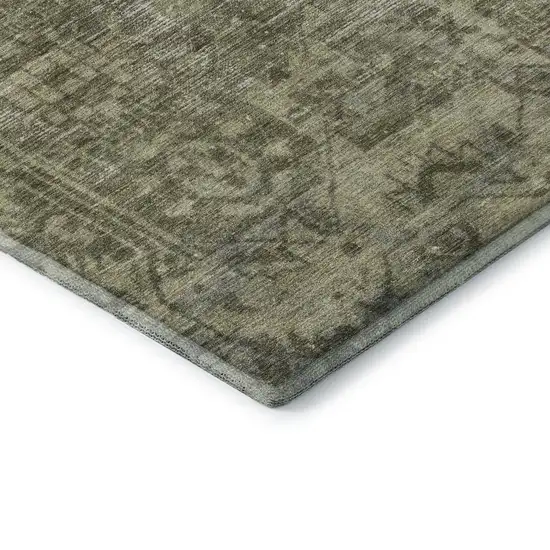 8' Olive Green And Silver Oriental Washable Area Rug With UV Protection Photo 7