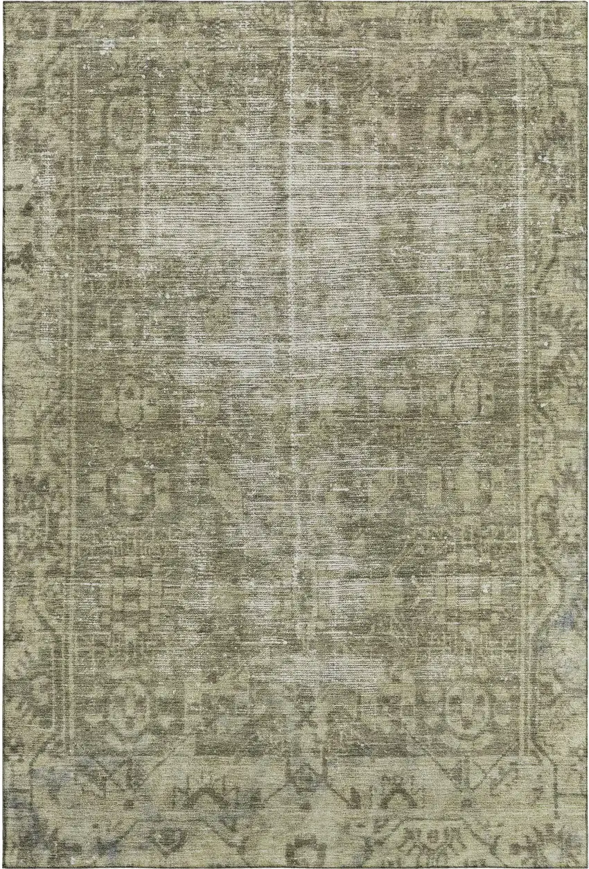8' Olive Green And Silver Oriental Washable Area Rug With UV Protection Photo 1