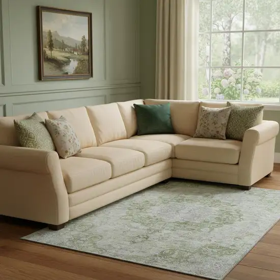 8' Olive Green And Silver Oriental Washable Area Rug With UV Protection Photo 2