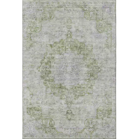 8' Olive Green And Silver Oriental Washable Area Rug With UV Protection Photo 3