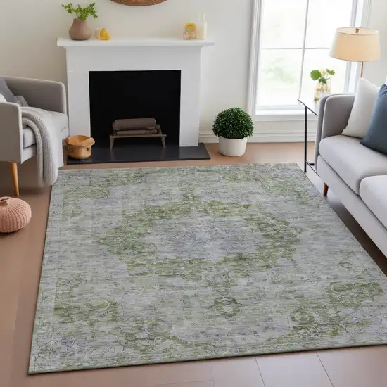 8' Olive Green And Silver Oriental Washable Area Rug With UV Protection Photo 4