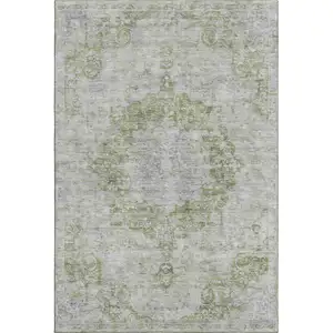 Photo of 8' Olive Green And Silver Oriental Washable Area Rug With UV Protection