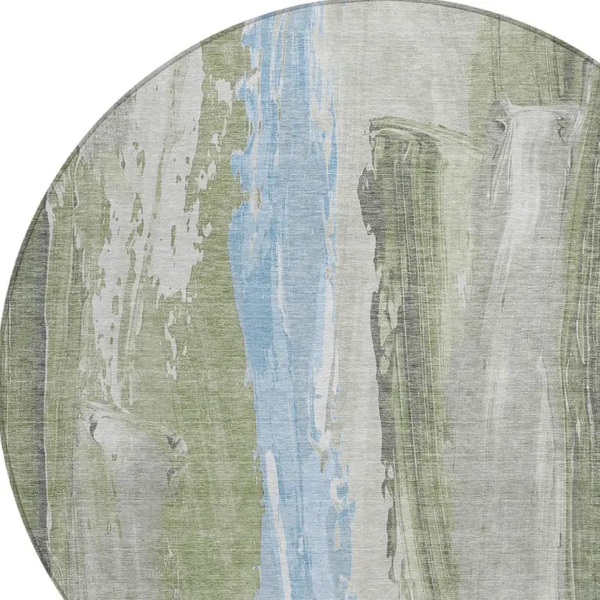 8' Olive Green And Sky Blue Round Abstract Washable Indoor Outdoor Area Rug Photo 9