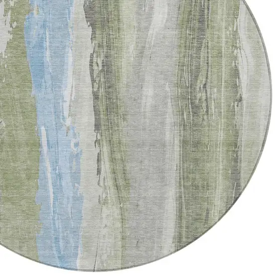 8' Olive Green And Sky Blue Round Abstract Washable Indoor Outdoor Area Rug Photo 4