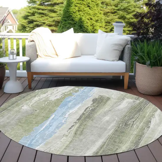 8' Olive Green And Sky Blue Round Abstract Washable Indoor Outdoor Area Rug Photo 5