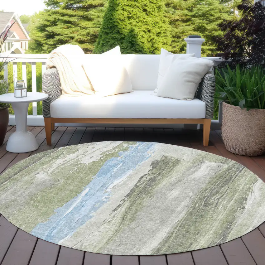 8' Olive Green And Sky Blue Round Abstract Washable Indoor Outdoor Area Rug Photo 5